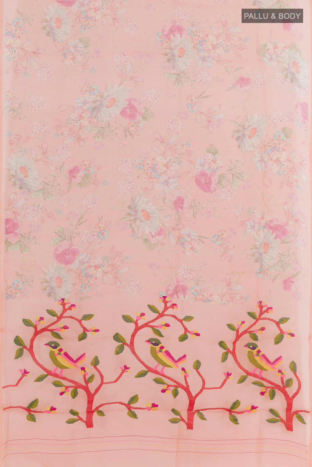 Flat view of Peach Organza Silk Saree with Floral Print on the body and Without Border. 