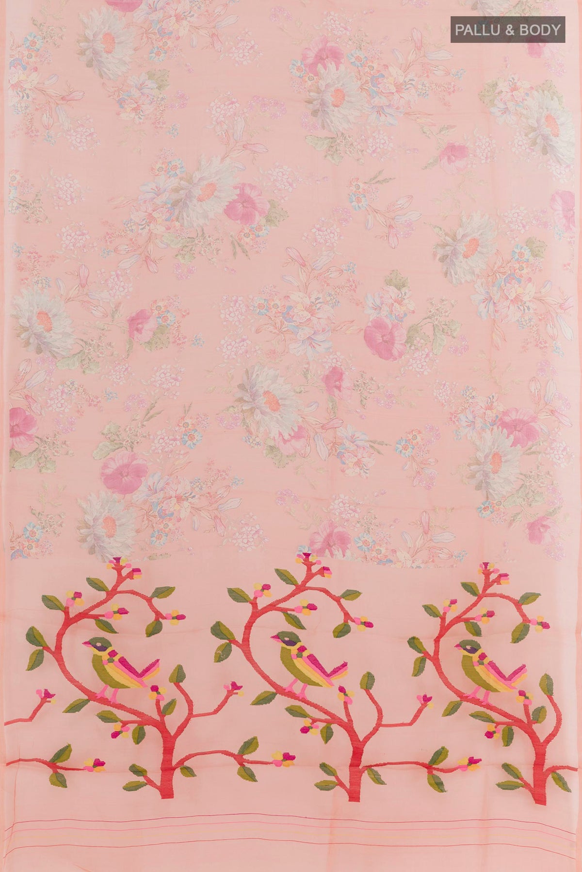 Flat view of Peach Organza Silk Saree with Floral Print on the body and Without Border. 