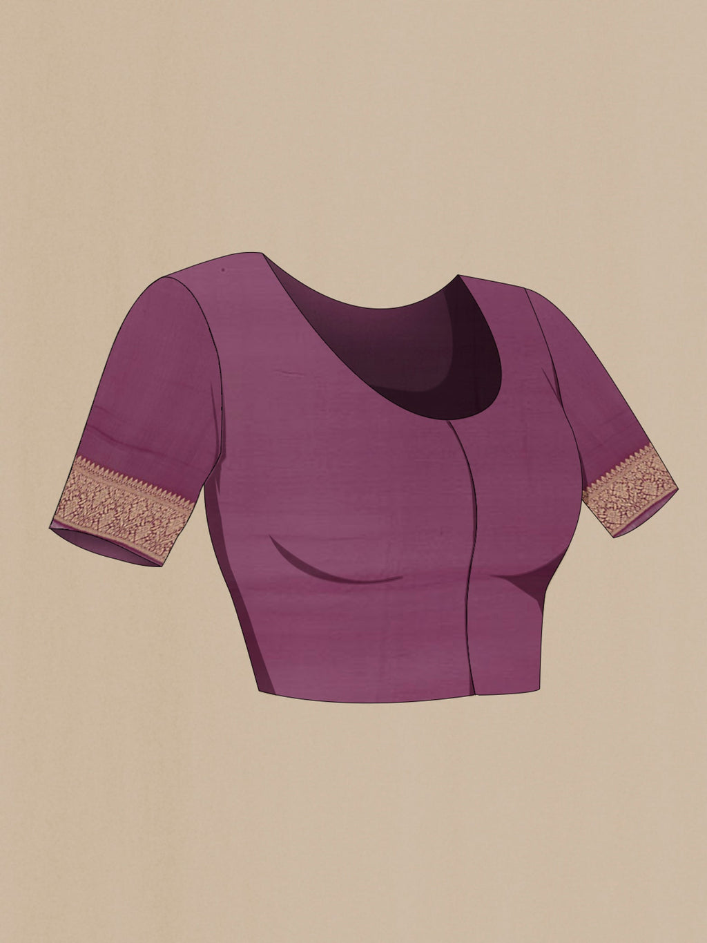 Close up image of the blouse of Purple Banarasi Georgette Saree with Zari Brocade on the body and Zari Border. 