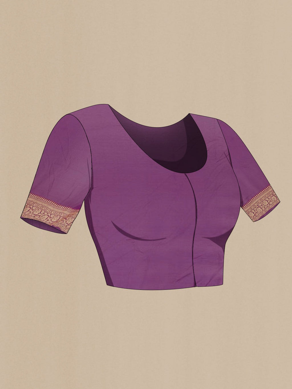 Close up image of the blouse of Purple Banarasi Georgette Saree with Zari Butta on the body and Zari Border. 