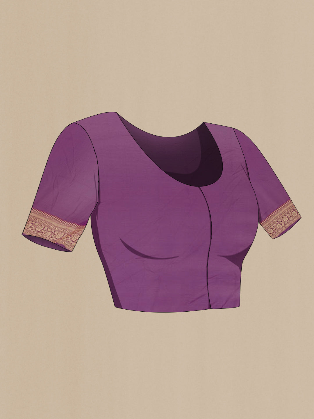 Close up image of the blouse of Purple Banarasi Georgette Saree with Zari Butta on the body and Zari Border. 