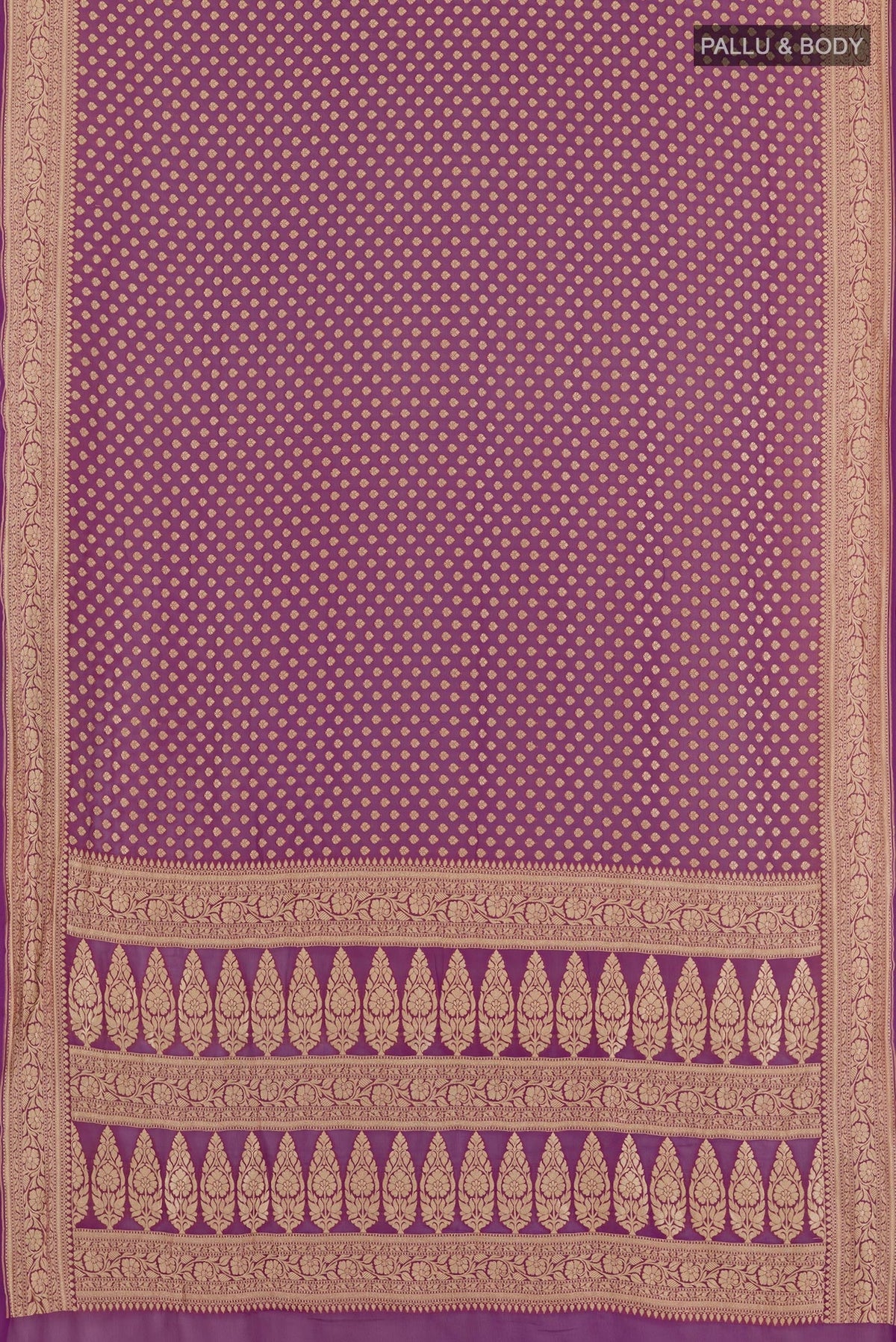 Flat view of Purple Banarasi Georgette Saree with Zari Butta on the body and Zari Border. 