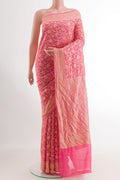Pink Banarasi Georgette Saree with Zari Brocade on the body and Zari Border.  displayed on a mannequin