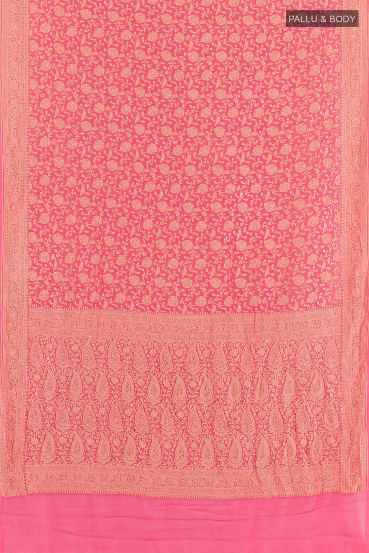 Flat view of Pink Banarasi Georgette Saree with Zari Brocade on the body and Zari Border. 