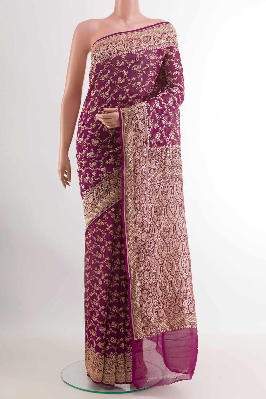 Purple Banarasi Georgette Saree with Zari Brocade on the body and Zari Border.  displayed on a mannequin