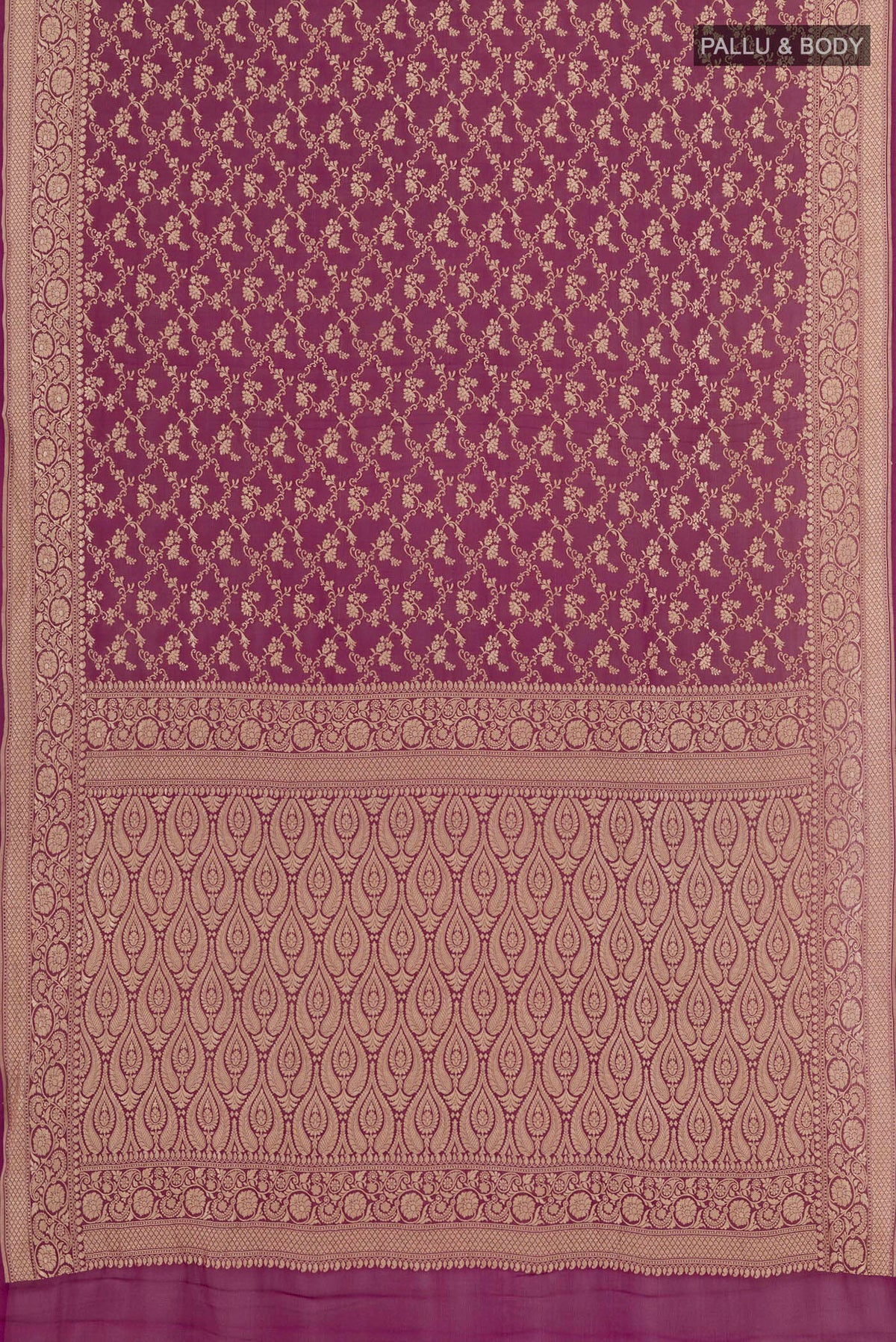 Flat view of Purple Banarasi Georgette Saree with Zari Brocade on the body and Zari Border. 