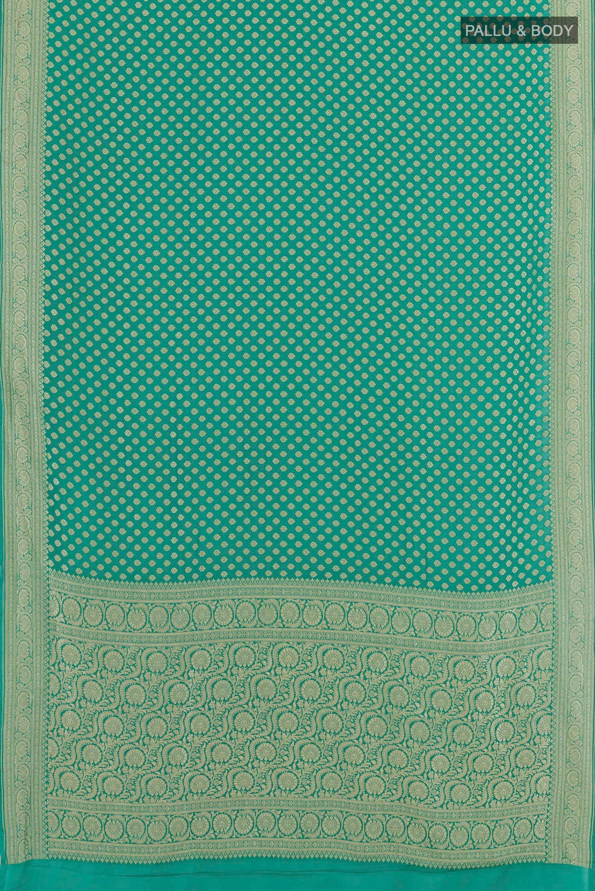 Flat view of Sea Green Banarasi Georgette Saree with Zari Butta on the body and Zari Border. 