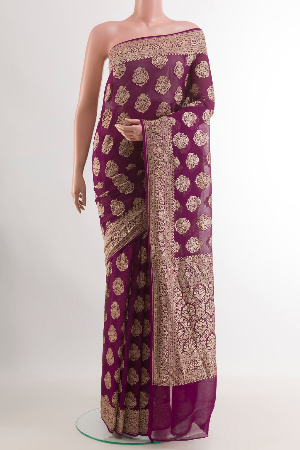 Purple Banarasi Georgette Saree with Zari Brocade on the body and Zari Border.  displayed on a mannequin