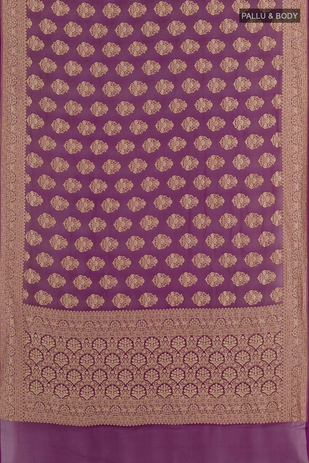 Flat view of Purple Banarasi Georgette Saree with Zari Brocade on the body and Zari Border. 