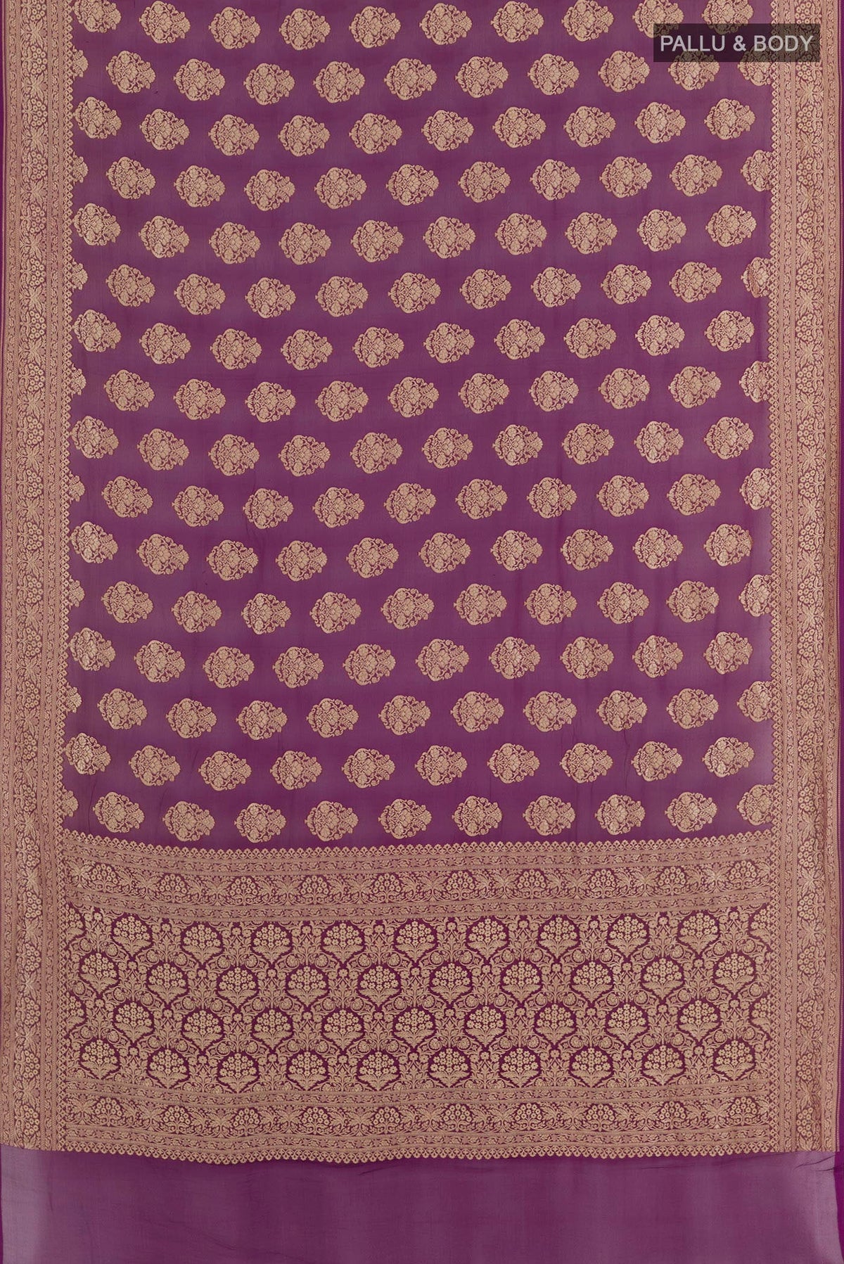 Flat view of Purple Banarasi Georgette Saree with Zari Brocade on the body and Zari Border. 