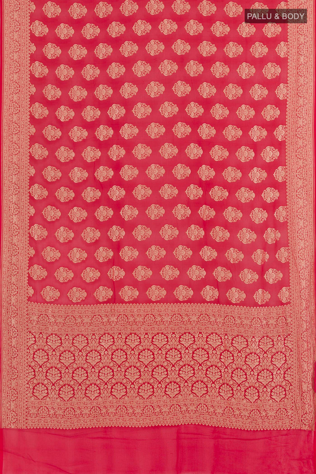 Flat view of Red Banarasi Georgette Saree with Zari Butta on the body and Zari Border. 