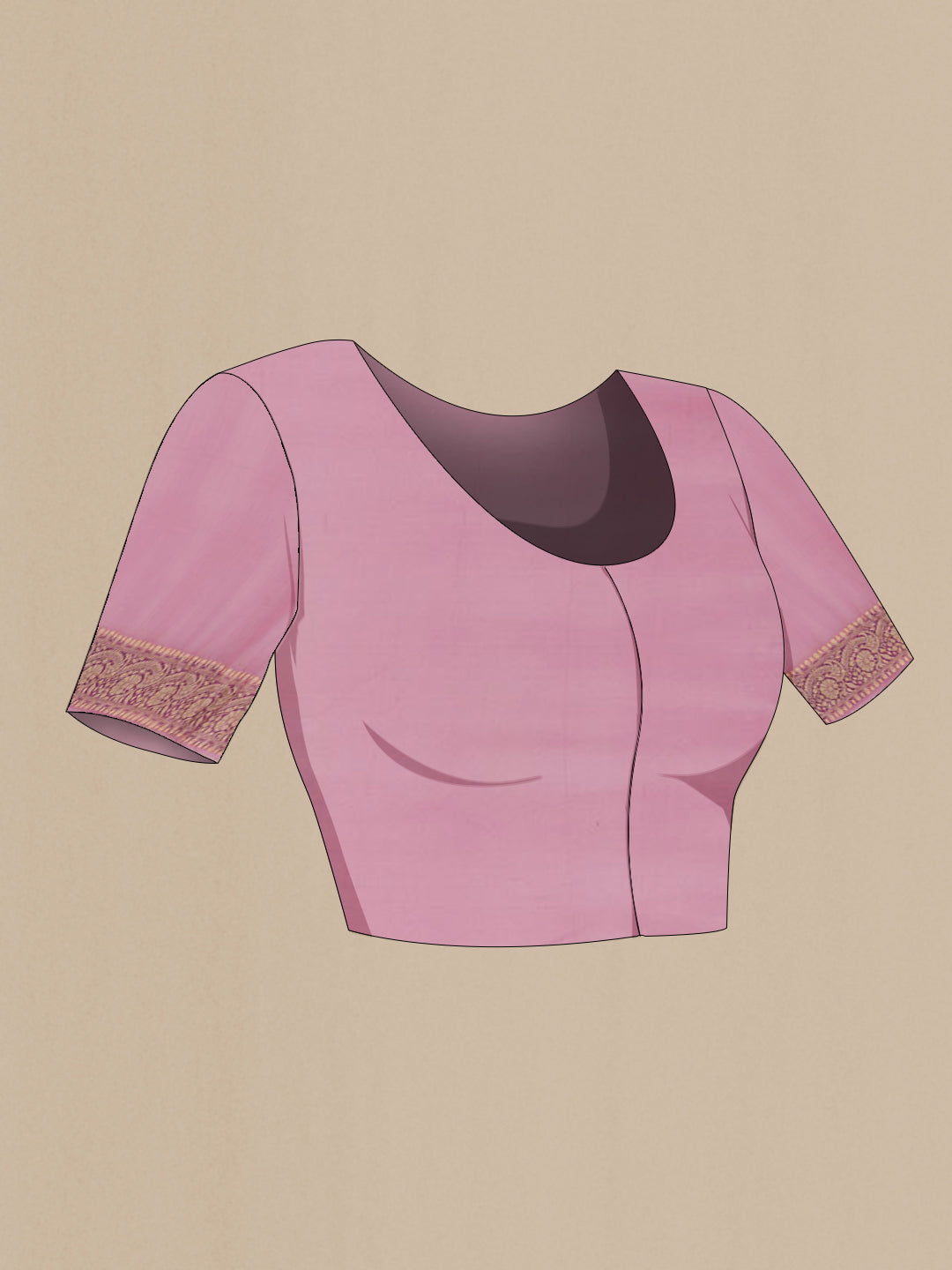Close up image of the blouse of Lavender Banarasi Georgette Saree with Zari Brocade on the body and Thread Border. 