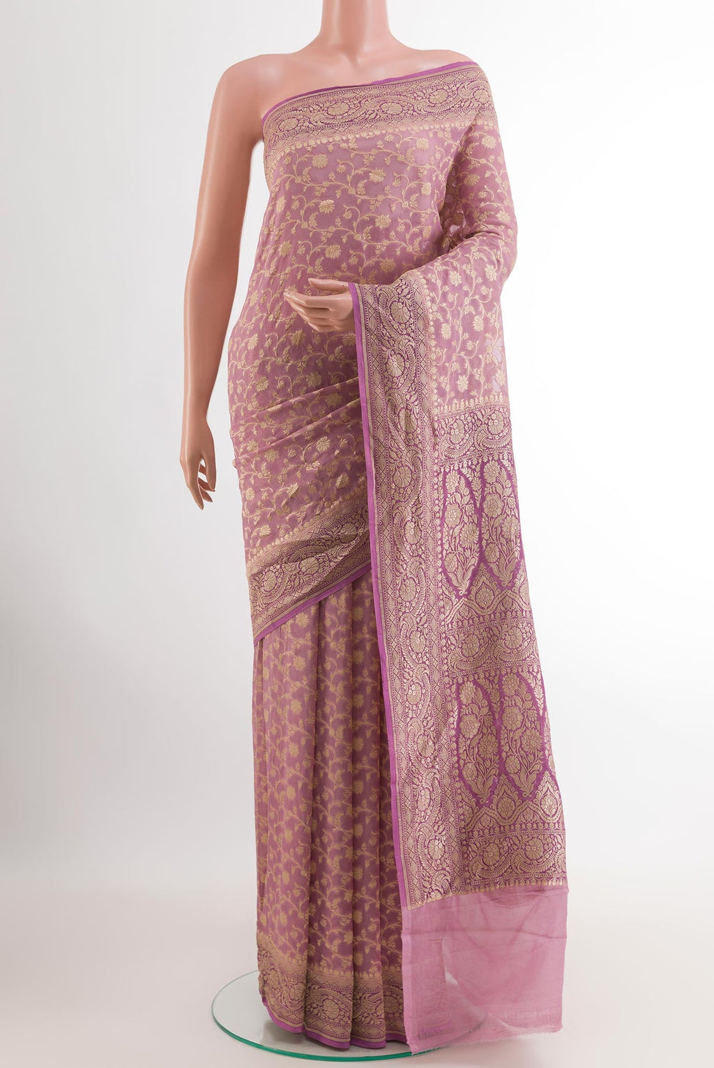 Lavender Banarasi Georgette Saree with Zari Brocade on the body and Thread Border.  displayed on a mannequin