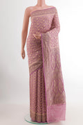 Lavender Banarasi Georgette Saree with Zari Brocade on the body and Thread Border.  displayed on a mannequin