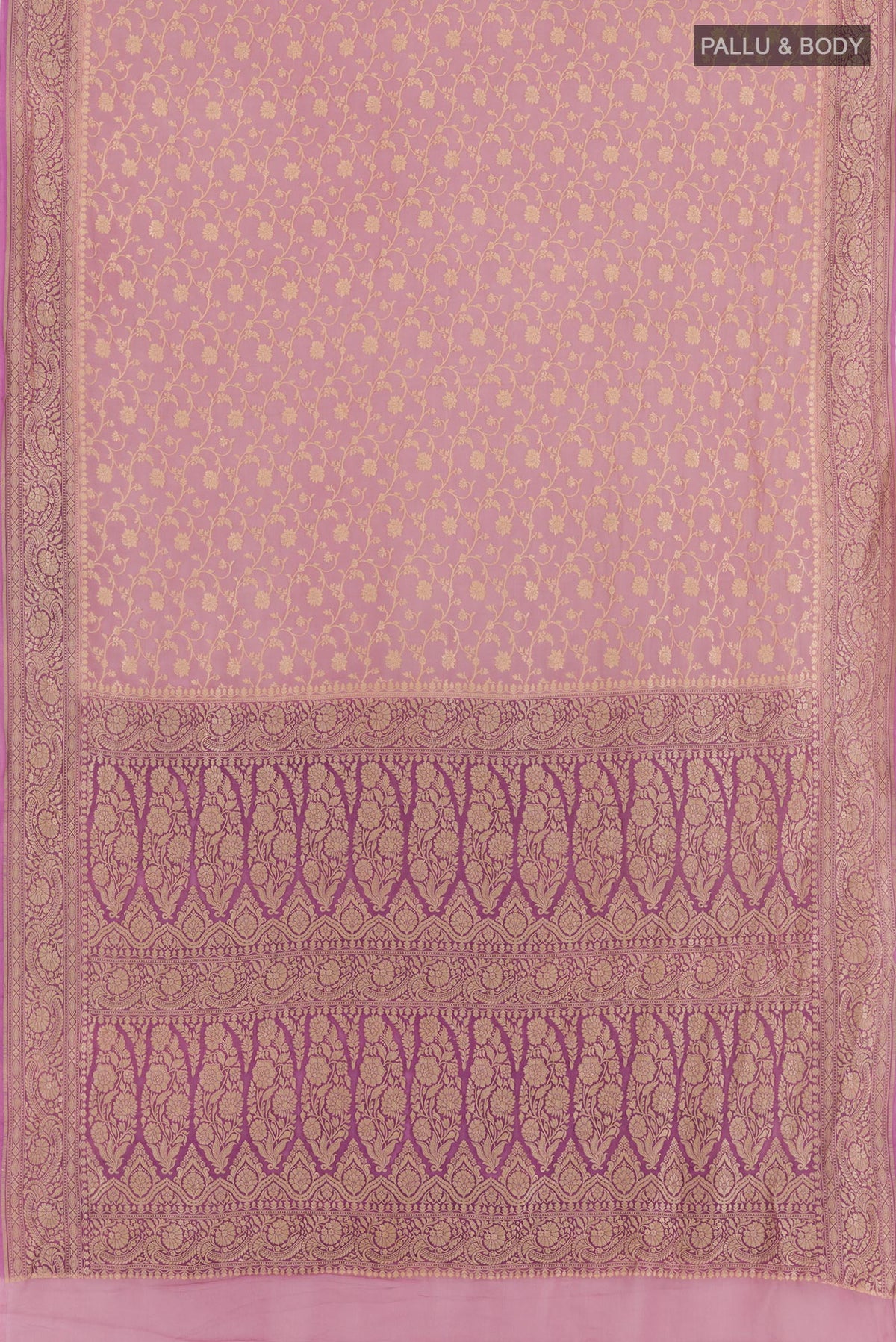 Flat view of Lavender Banarasi Georgette Saree with Zari Brocade on the body and Thread Border. 