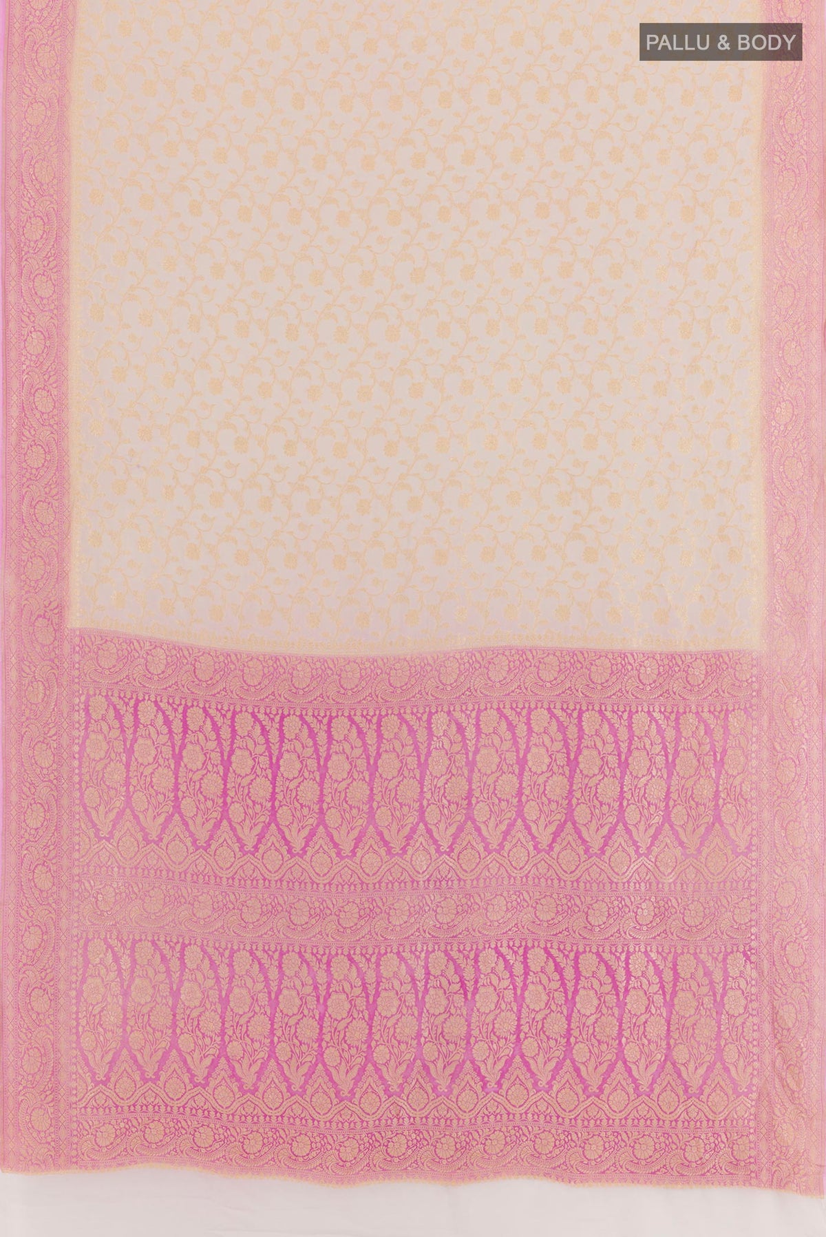 Flat view of Pink Banarasi Georgette Saree with Zari Brocade on the body and Zari Border. 