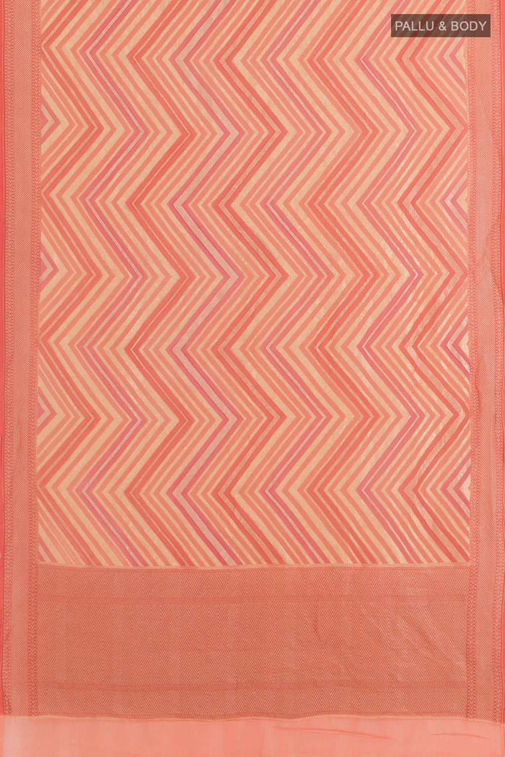 Flat view of Rose pink Banarasi Georgette Saree with Stripes on the body and Zari Border. 