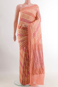 Pink Banarasi Georgette Saree with Stripes on the body and Zari Border.  displayed on a mannequin