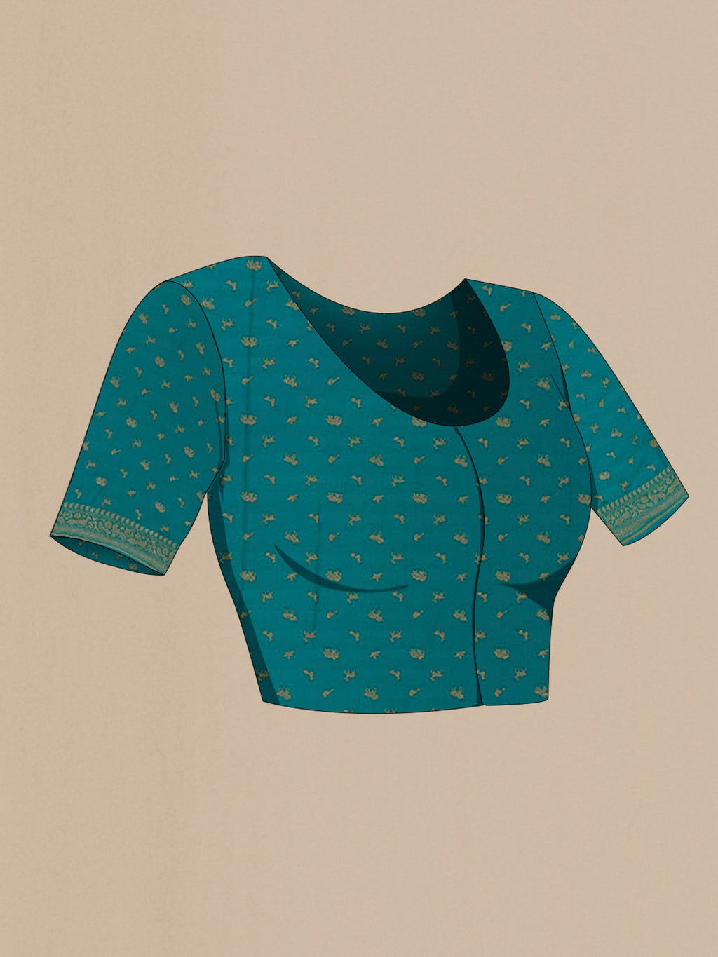 Close up image of the blouse of Teal Banarasi Georgette Saree with Zari Brocade on the body and Zari Border. 