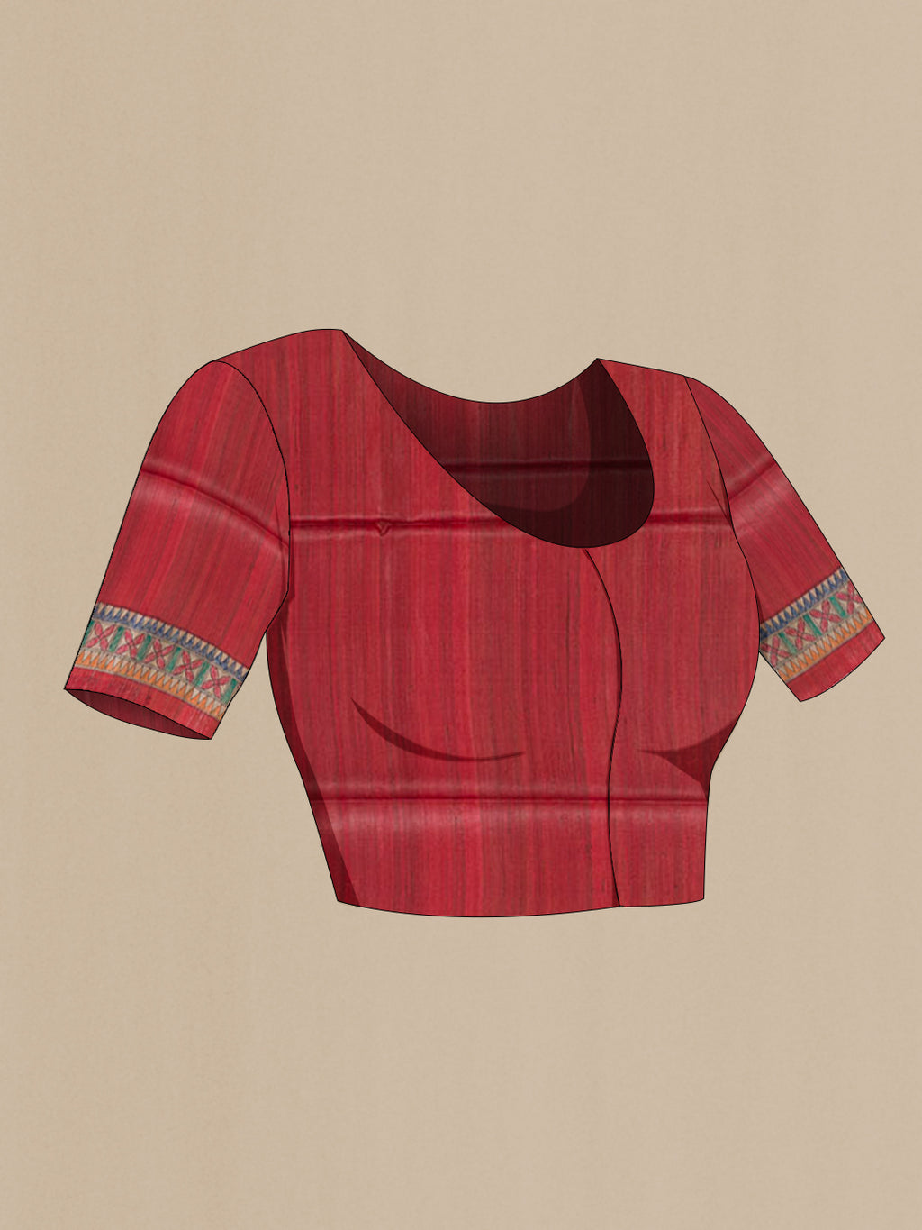 Close up image of the blouse of Red Tussar Saree with Plain Body and Printed Border. 