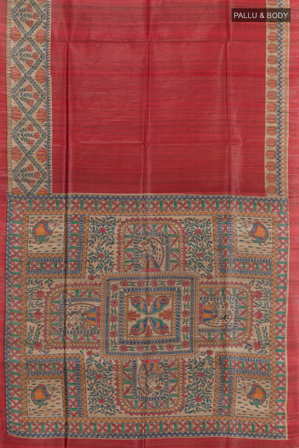 Flat view of Red Tussar Saree with Plain Body and Printed Border. 