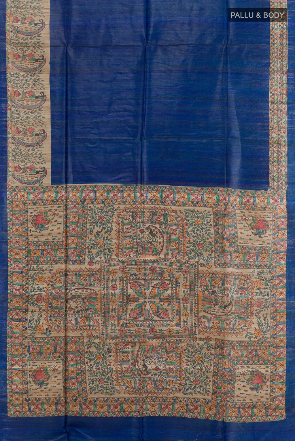 Flat view of Blue Tussar Silk Saree with Plain Body and Printed Border. 