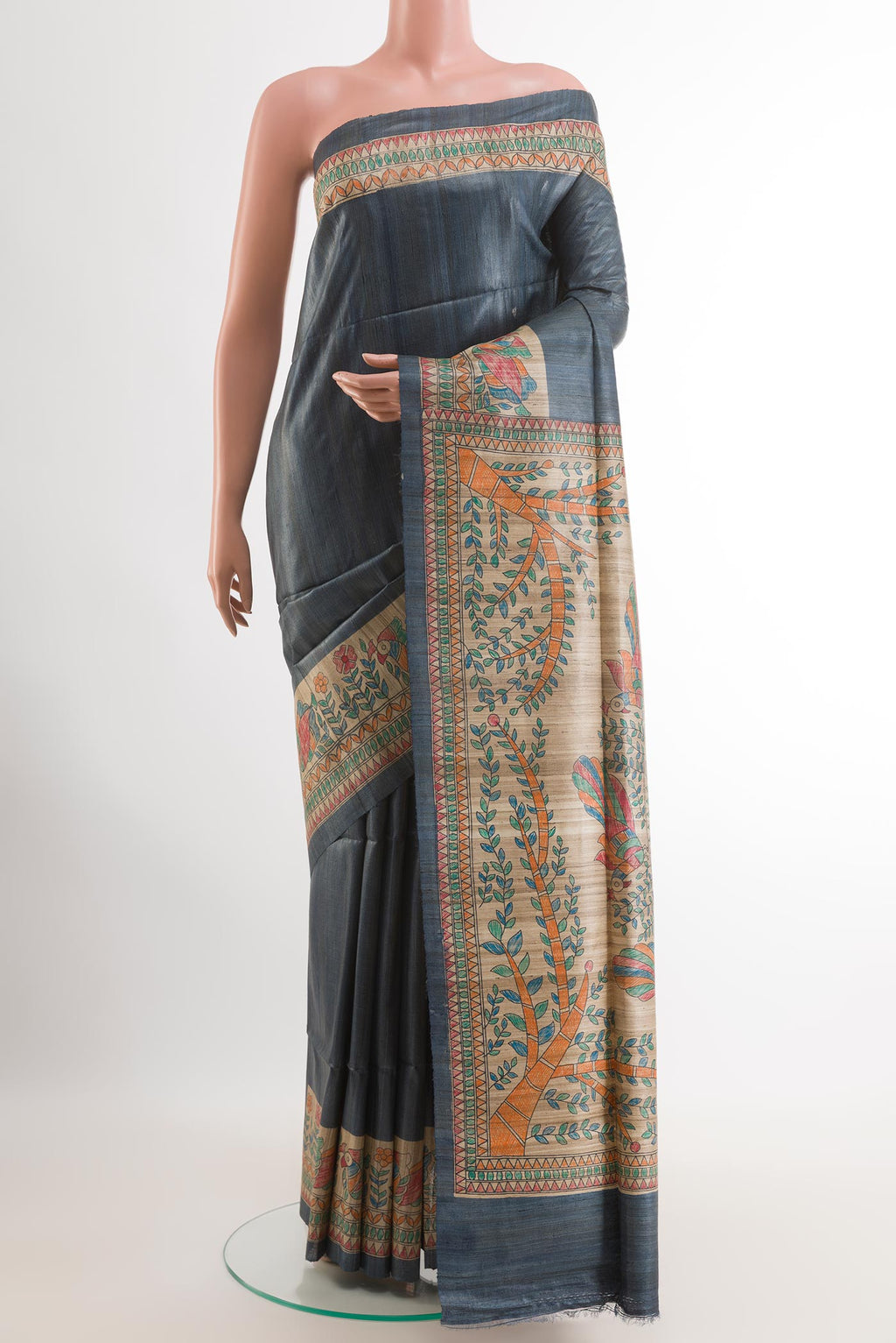 Navy Blue Tussar Silk Saree with Plain Body and Printed Border.  displayed on a mannequin