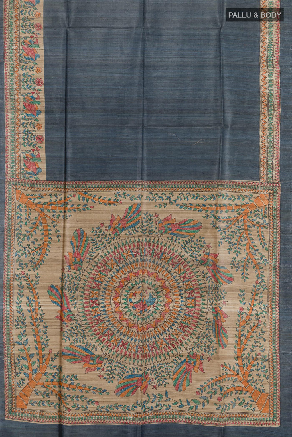Flat view of Navy Blue Tussar Silk Saree with Plain Body and Printed Border. 