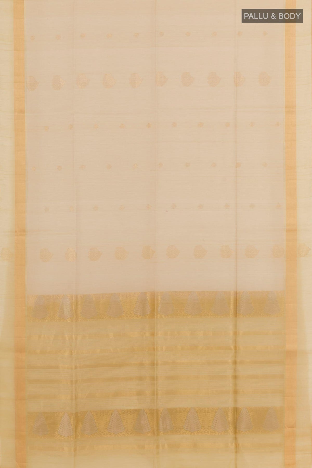 Flat view of Beige Blended Kora Cotton Saree with Zari Butta on the body and Zari Border. 