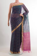Blue with Pink Color Silk Cotton Saree with Checked design on the body and Zari Border.  displayed on a mannequin
