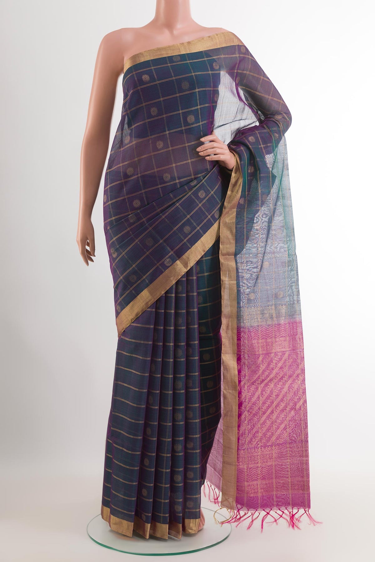 Blue with Pink Color Silk Cotton Saree with Checked design on the body and Zari Border.  displayed on a mannequin
