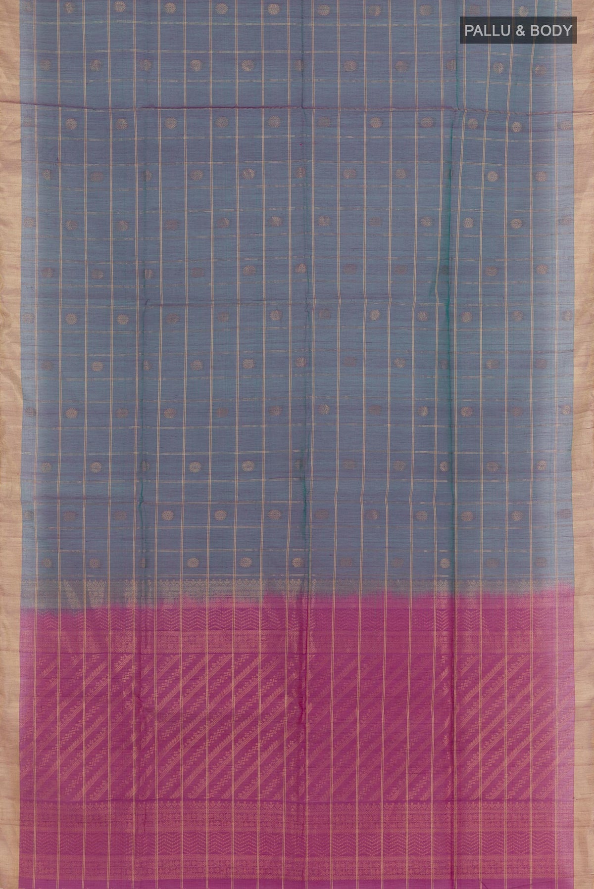 Flat view of Blue with Pink Color Silk Cotton Saree with Checked design on the body and Zari Border. 