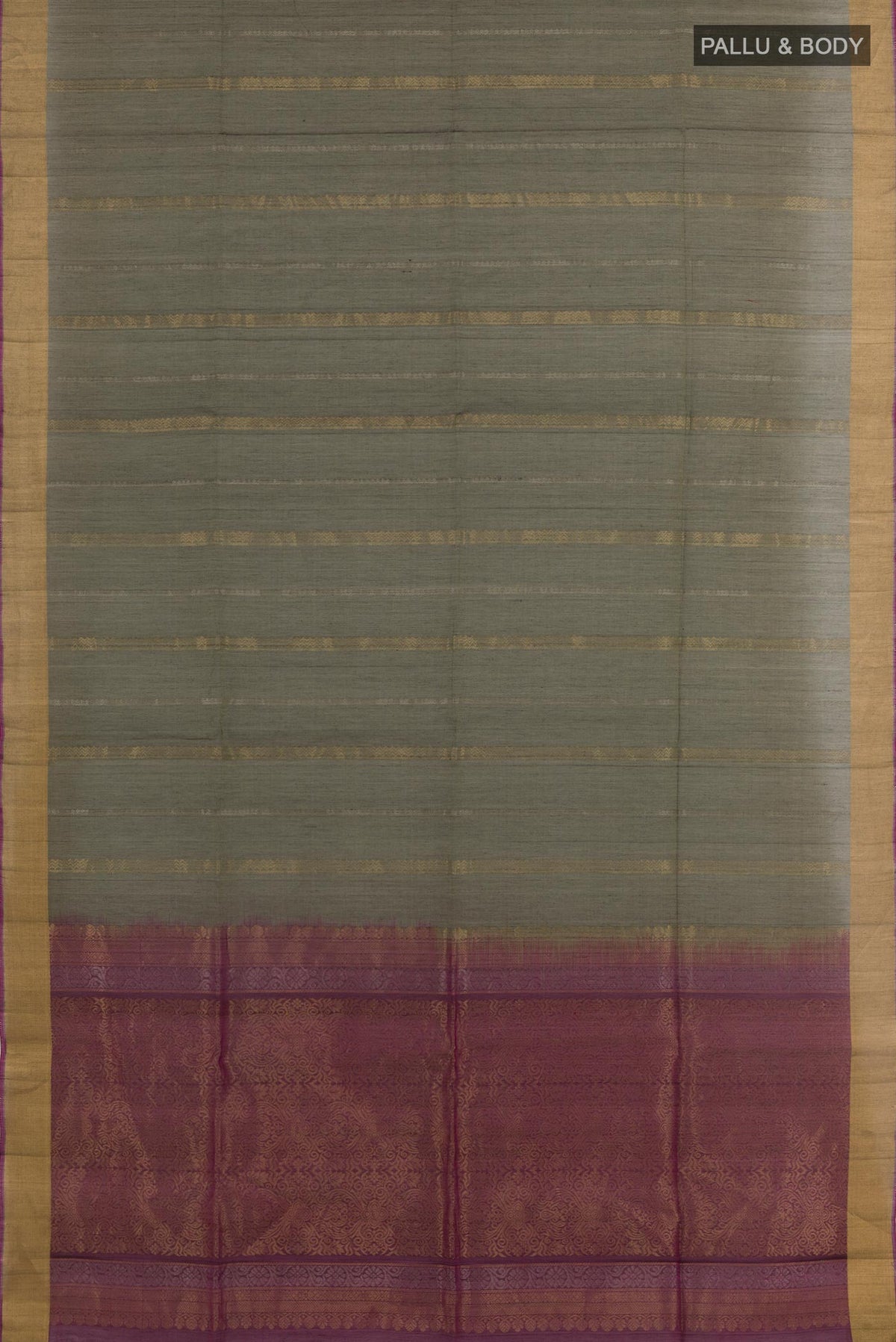 Flat view of Davys Grey Blended Kora Cotton Saree with Zari Butta on the body and Zari Border. 
