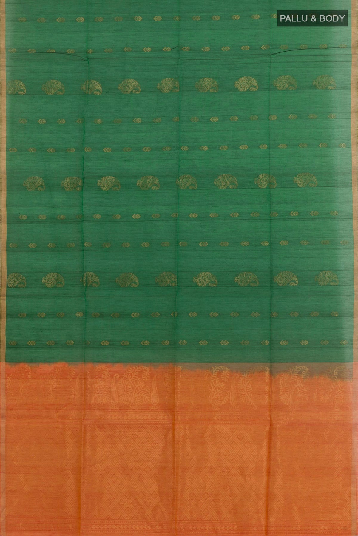 Flat view of Green Silk Cotton Saree with Zari Butta on the body and Zari Border. 