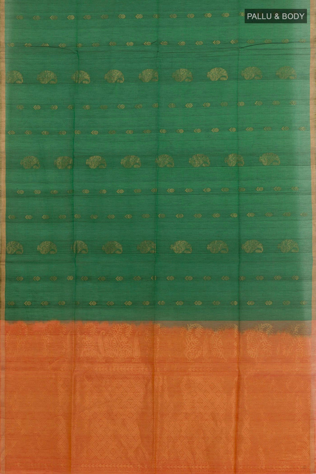 Flat view of Green Blended Kora Cotton Saree with Zari Butta on the body and Zari Border. 
