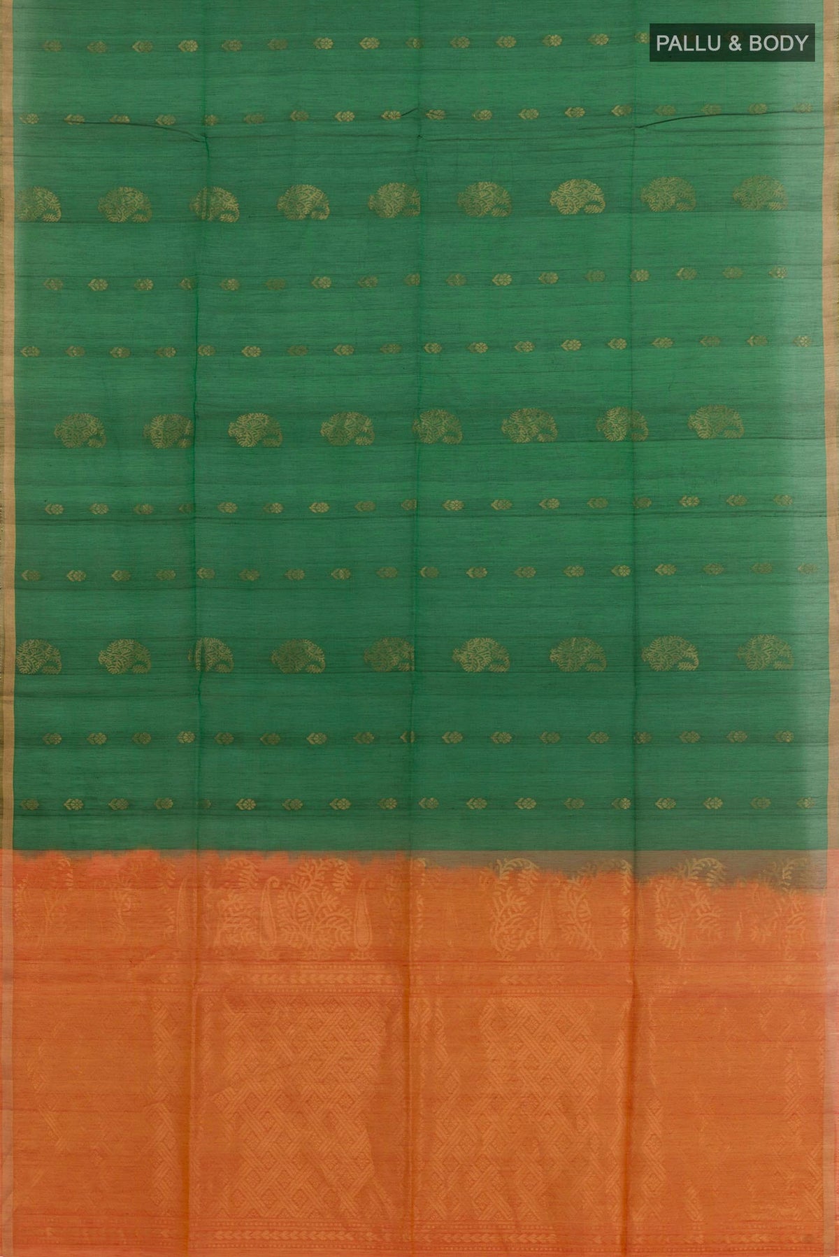 Flat view of Green Blended Kora Cotton Saree with Zari Butta on the body and Zari Border. 