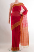 Red Blended Kora Cotton Saree with Zari Butta on the body and Zari Border.  displayed on a mannequin