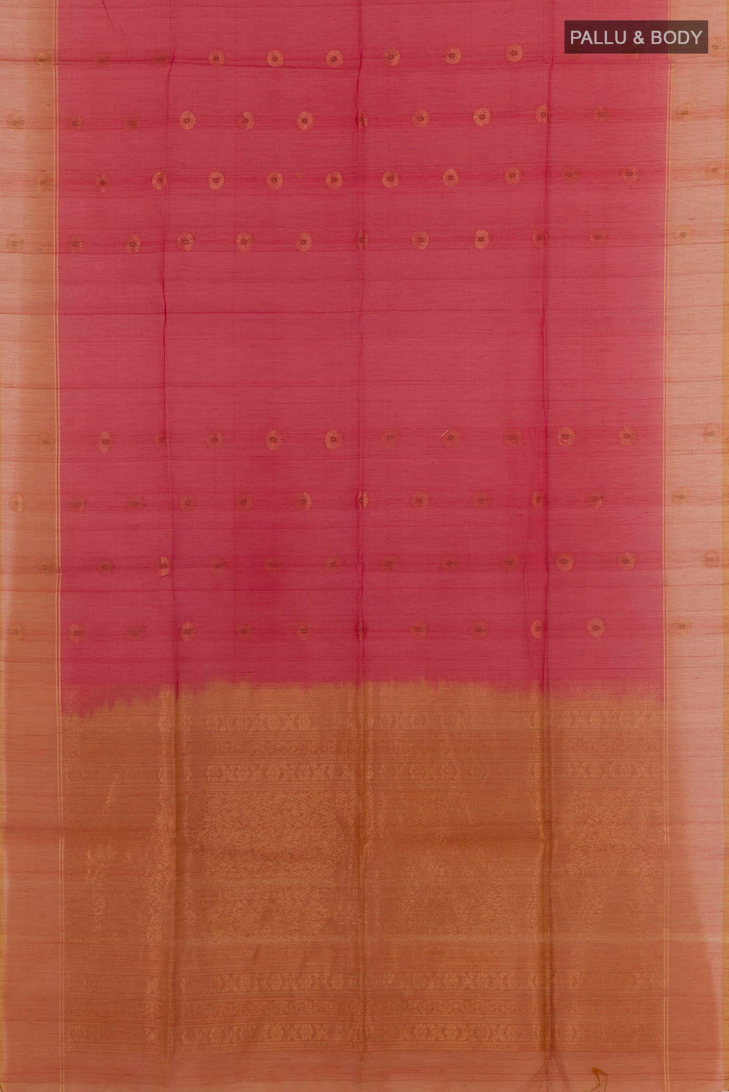 Flat view of Red Blended Kora Cotton Saree with Zari Butta on the body and Zari Border. 