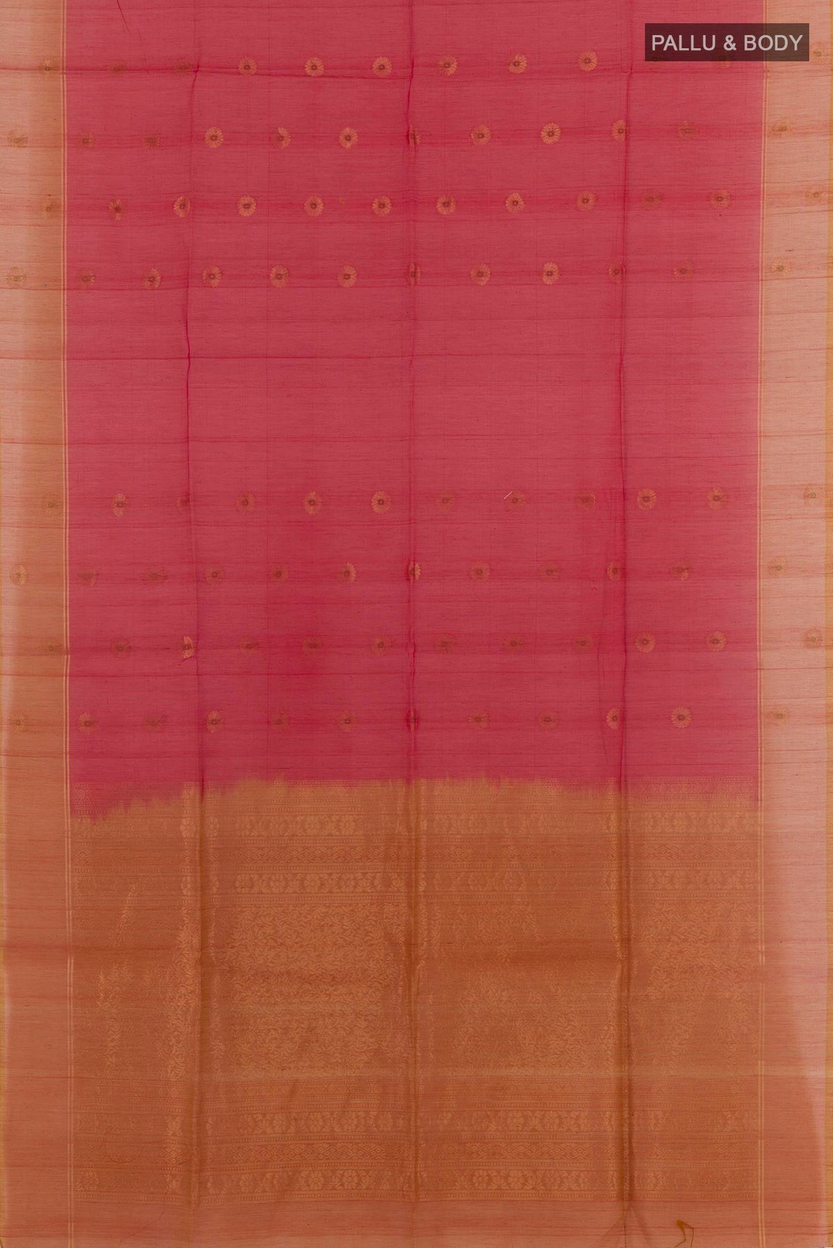 Flat view of Red Blended Kora Cotton Saree with Zari Butta on the body and Zari Border. 