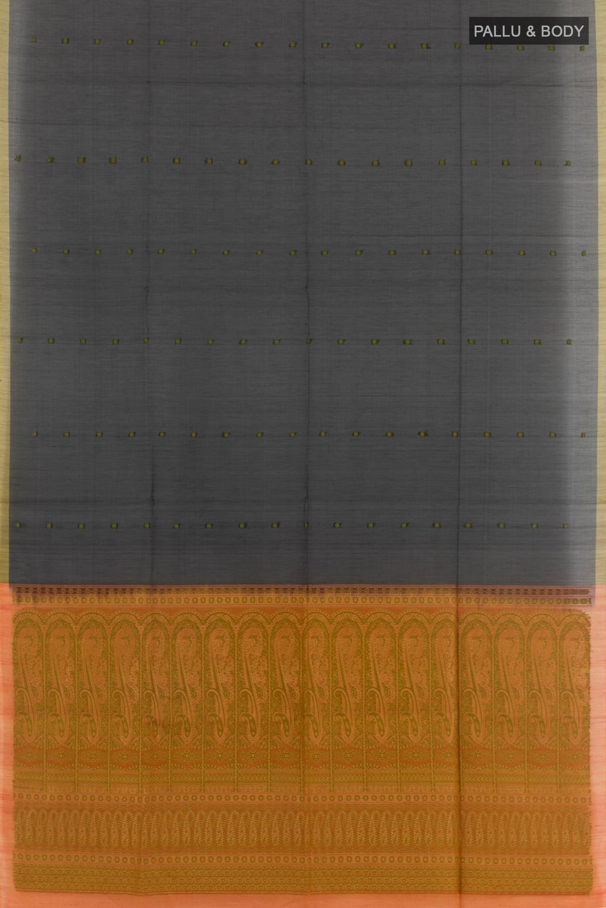Flat view of Black Blended Kora Cotton Saree with Thread Butta on the body and Zari Border. 