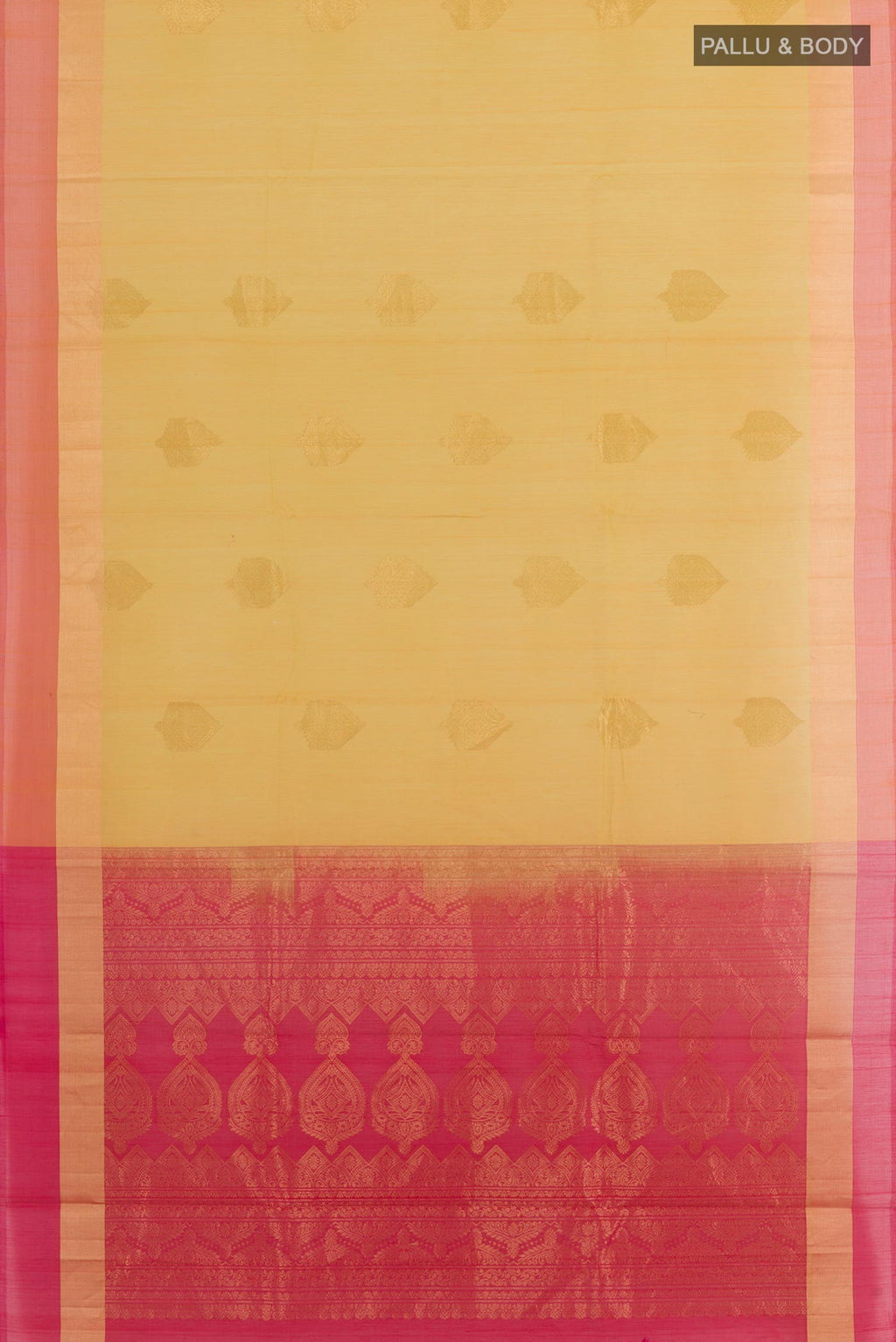 Flat view of Lemon Yellow Silk Cotton Saree with Zari Butta on the body and Zari Border. 