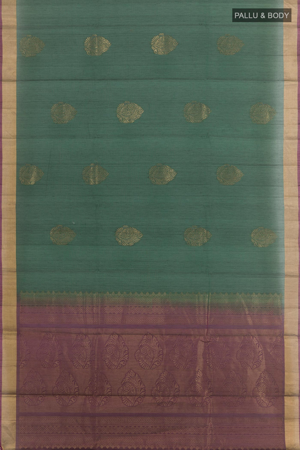 Flat view of Bottle Green Silk Cotton Saree with Zari Butta on the body and Zari Border. 