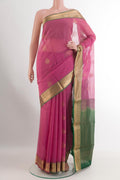 Pink Blended Kora Cotton Saree with Zari Butta on the body and Zari Border.  displayed on a mannequin