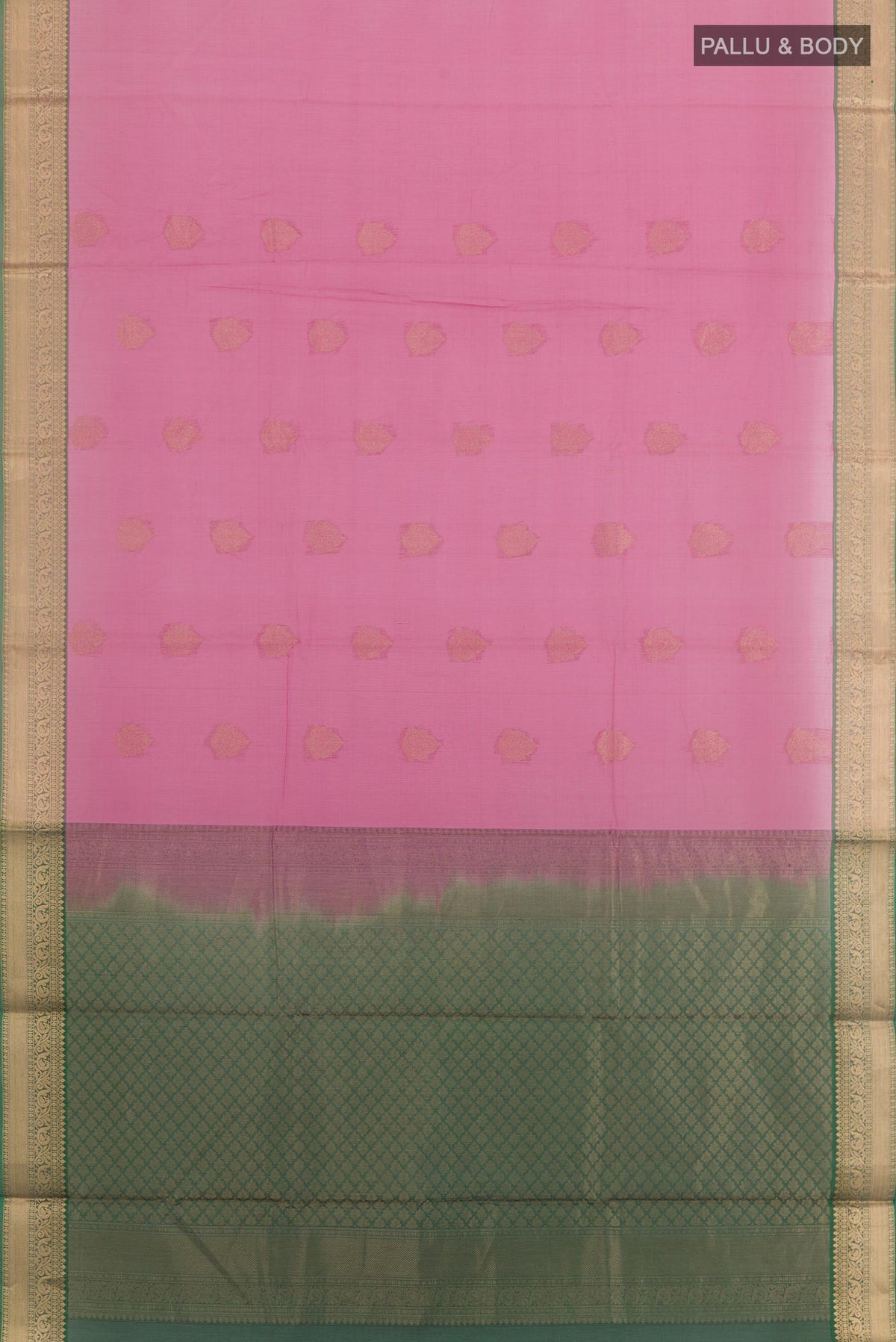 Flat view of Pink Silk Cotton Saree with Zari Butta on the body and Zari Border. 