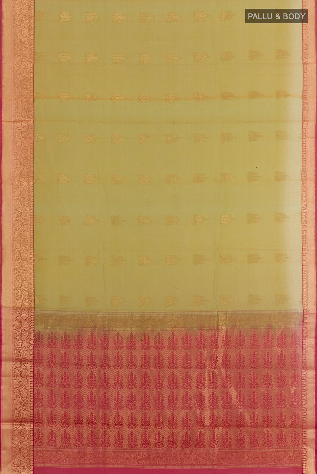 Flat view of Green Silk Cotton Saree with Zari Butta on the body and Zari Border. 
