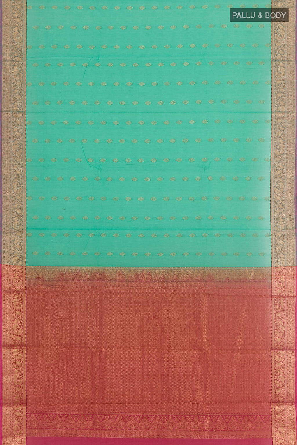 Flat view of Turquoise Silk Cotton Saree with Zari Butta on the body and Zari Border. 