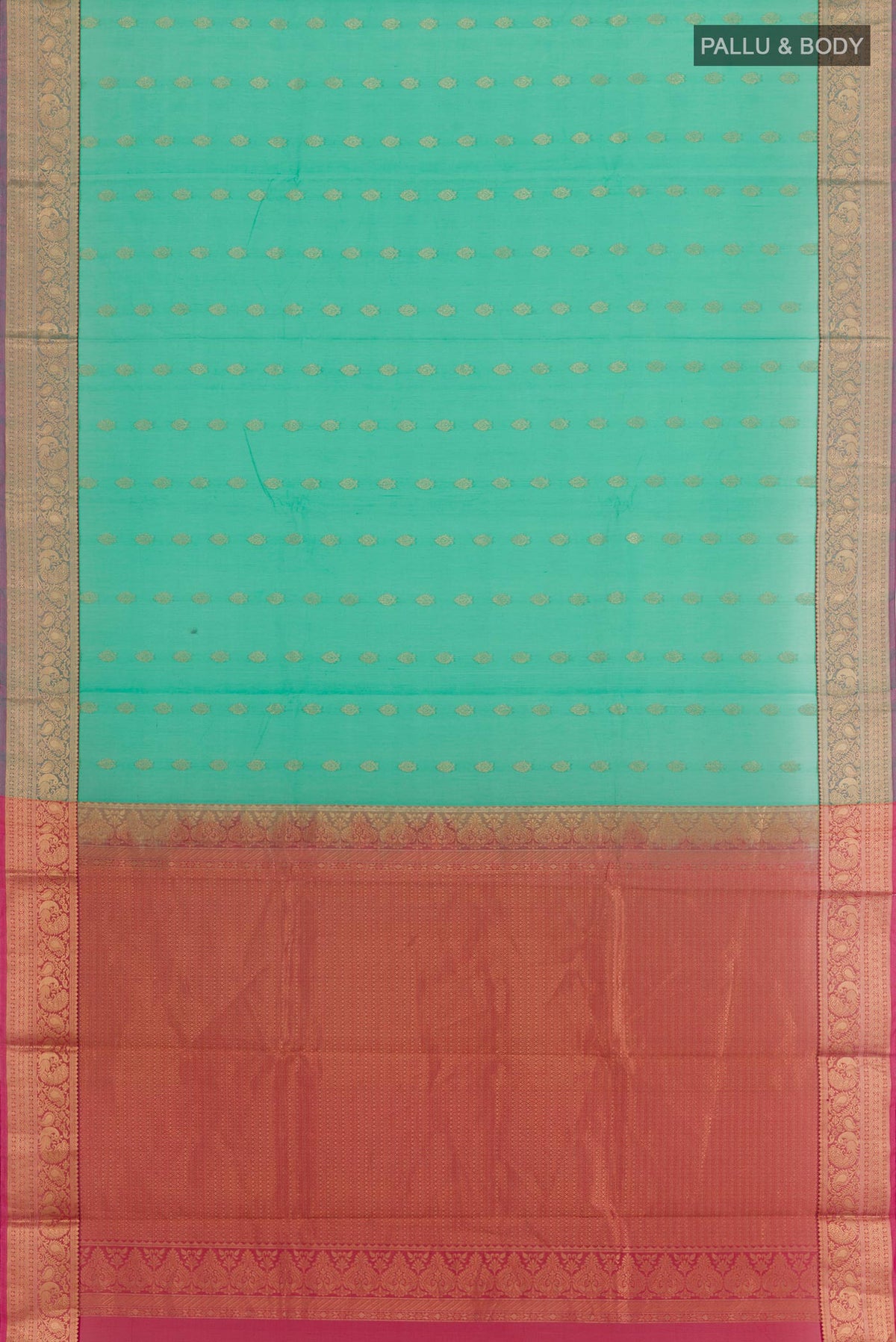 Flat view of Turquoise Silk Cotton Saree with Zari Butta on the body and Zari Border. 