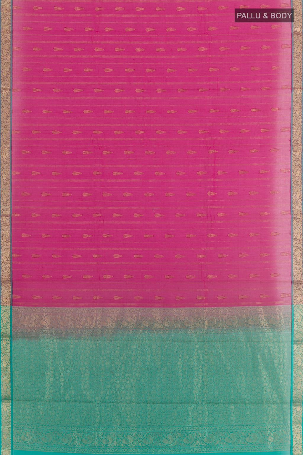 Flat view of Pink Silk Cotton Saree with Zari Butta on the body and Zari Border. 