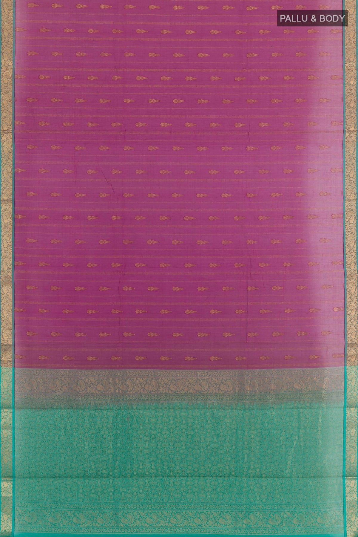Flat view of Purple Blended Kora Cotton Saree with Zari Butta on the body and Zari Border. 