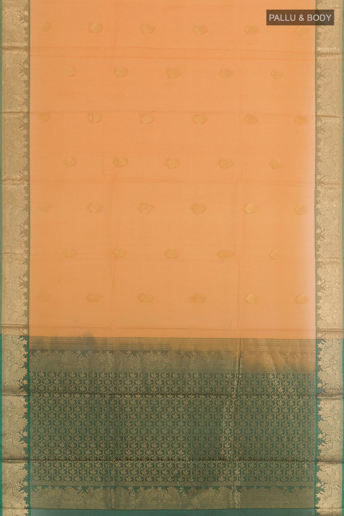 Flat view of Yellow Silk Cotton Saree with Zari Butta on the body and Zari Border. 